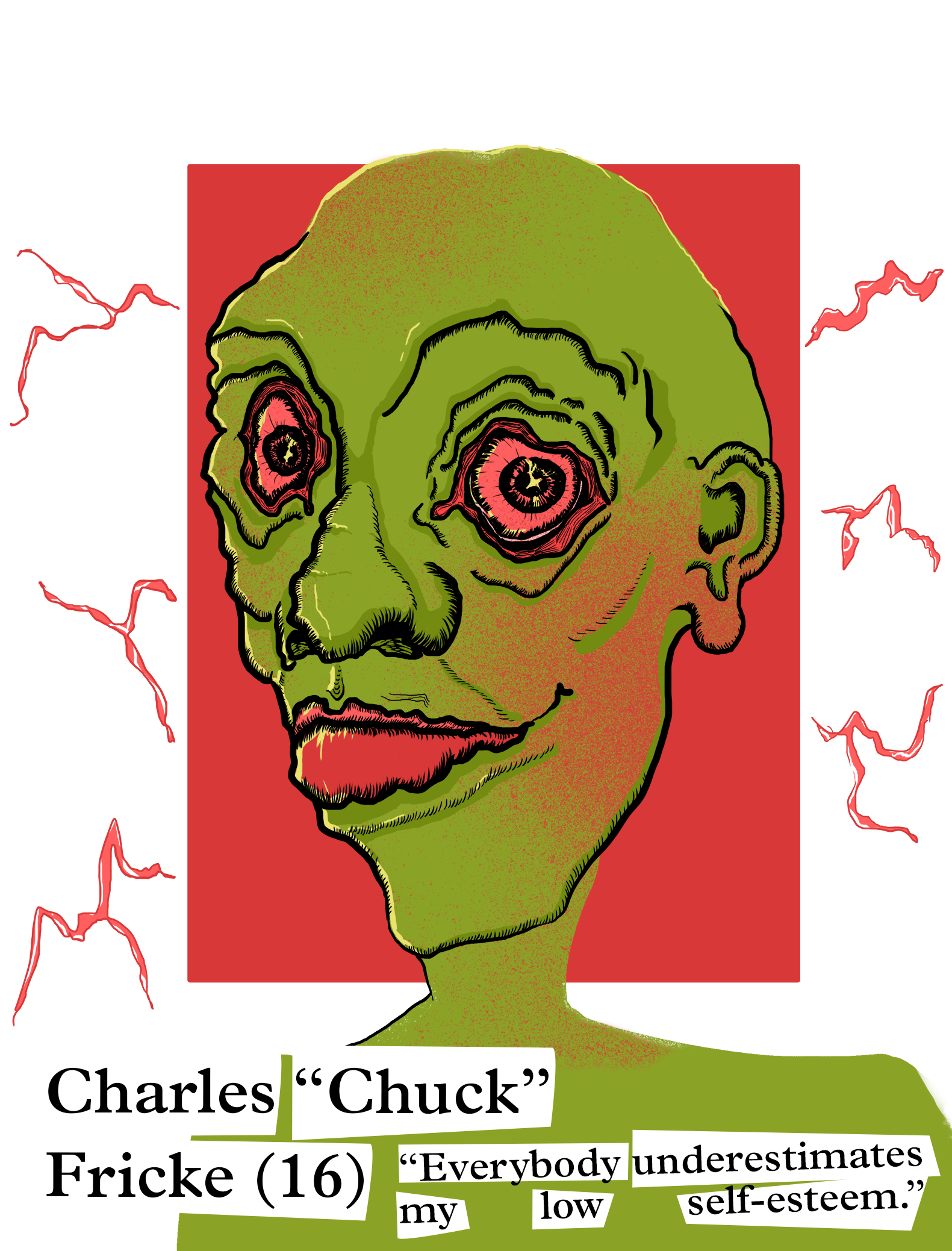 llustrated portrait of a character of the judge mental series named chuck. chuck is experiencing puberty.  by f-land