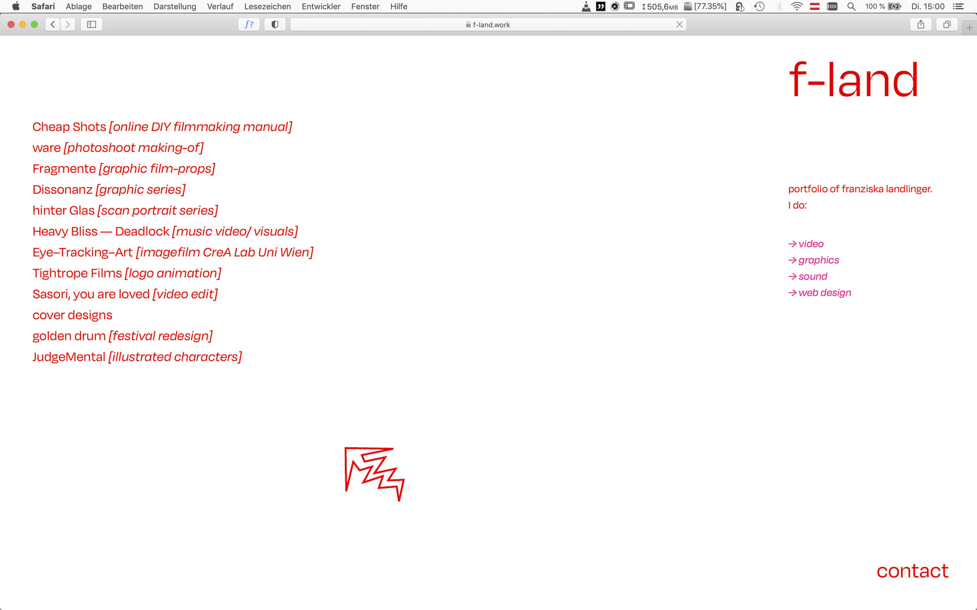 screenshot from the f-land website. web design and developement red on white. font: degular