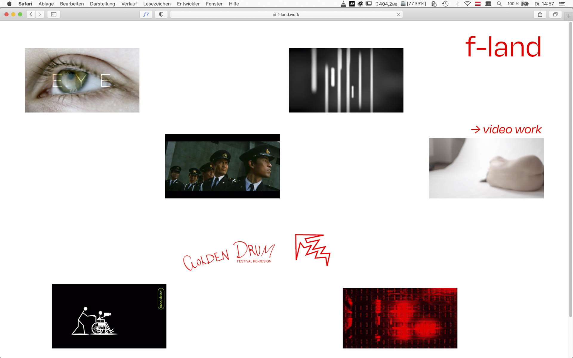 screenshot from the f-land website. web design and developement red on white. font: degular