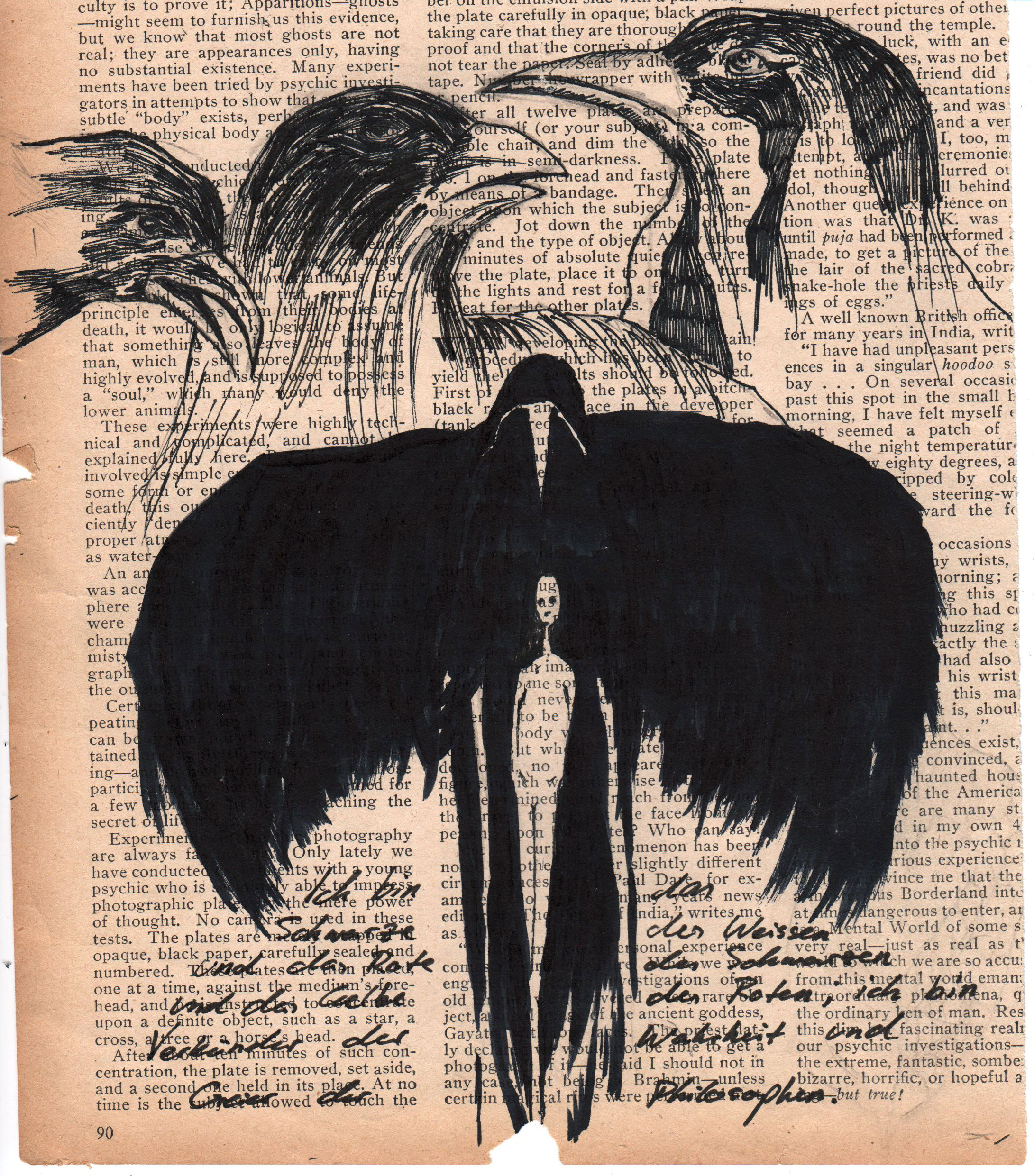 ink drawing on newspaper for the short film fragmente by tightrope films. mythical. bird person. by f-land