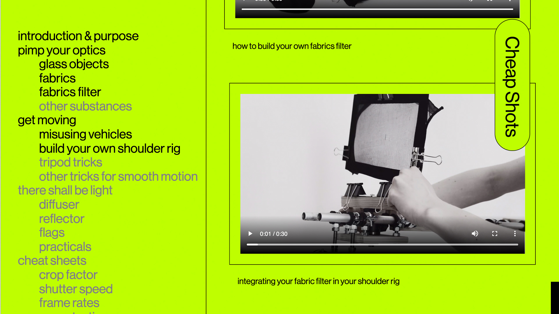 screenshot from the website cheap shots a no-budget filmmaker's manual by f-land